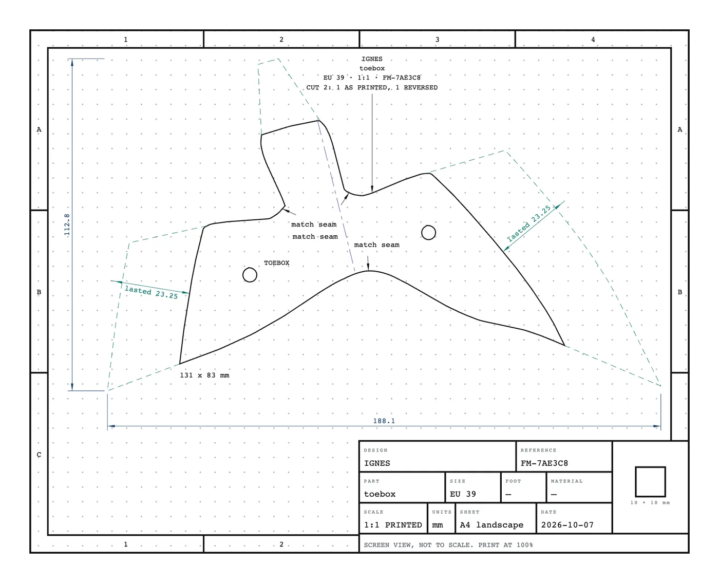 The same piece flat on its sheet, with its allowances and notches
