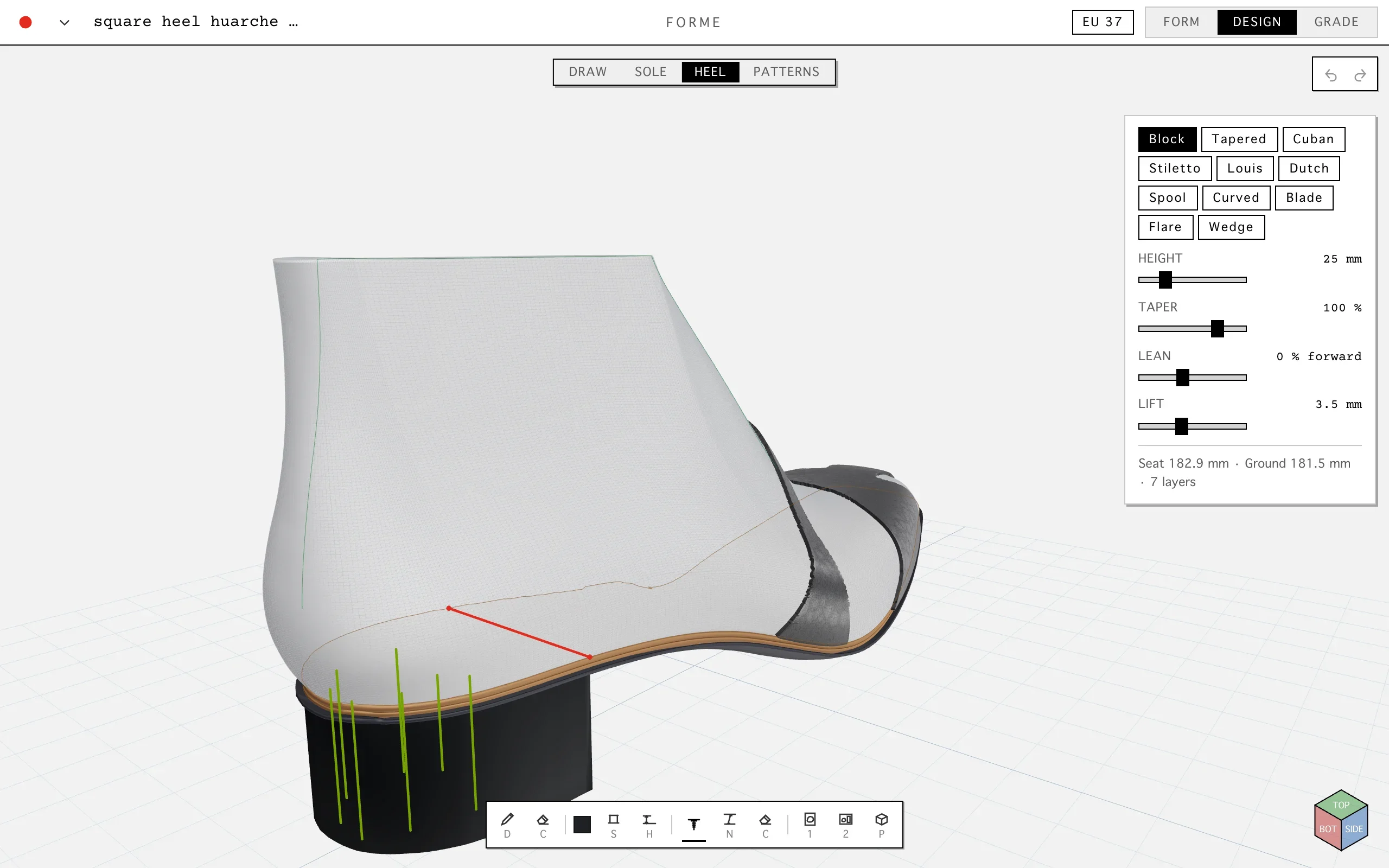 The heel in Heel, nailed and screwed on, with its shapes and its height beside it