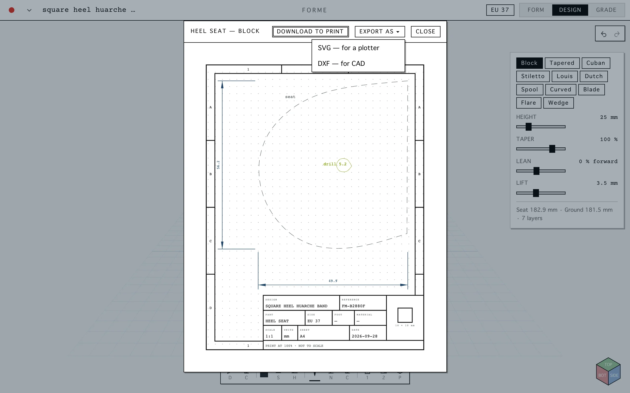 The heel seat at full size on its sheet, with the choice of a PDF to print or a file to cut