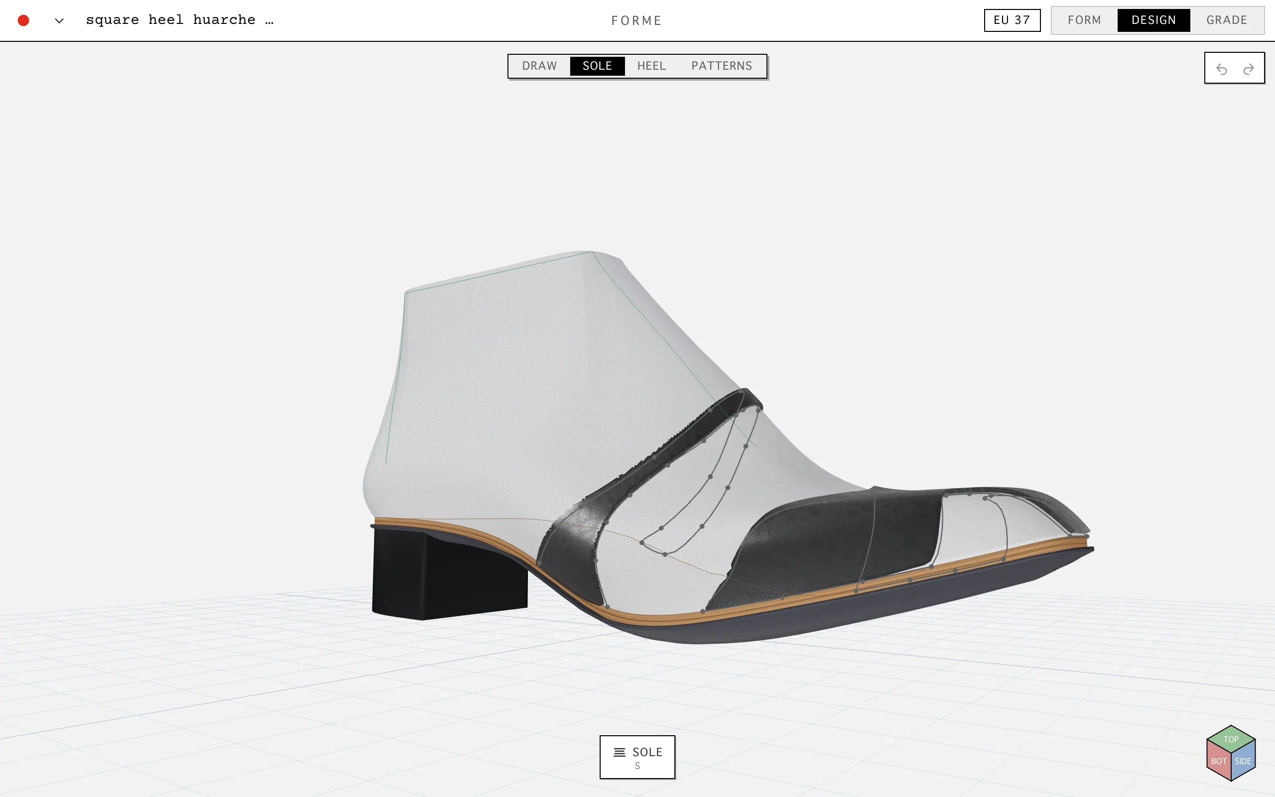 The sole in Sole: insole, filler, midsole and rand stacked under the last, the heel under them